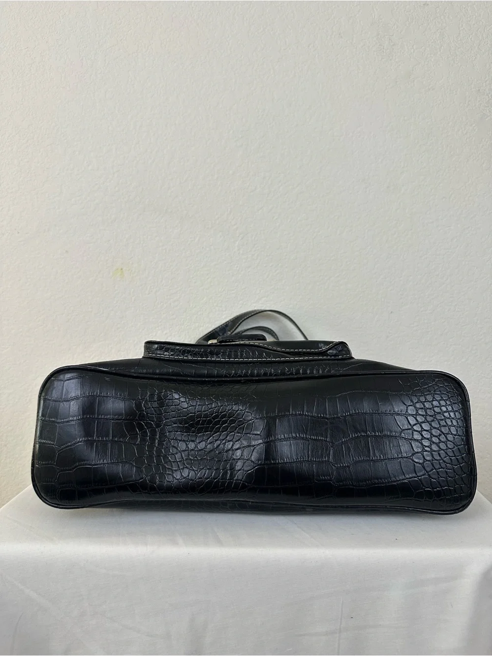 New York & Company Black Faux Leather Croc-Embossed Tote with Silver Buckle